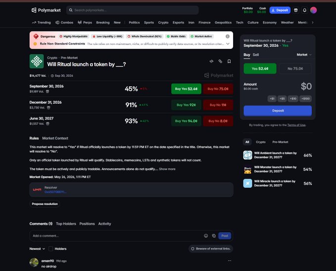A screenshot of the Polymarket prediction platform shows a market titled 'Will Ritual launch a token by ___?' with various dates and odds displayed.