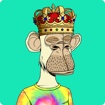 A digital illustration of a cartoon ape wearing an ornate gold and red crown and a tie-dye shirt on a teal background.