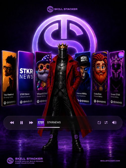 A promotional graphic for 'SKILL STACKER' featuring a knight in armor with a crown and red cape, with playing card-like panels displaying characters like 'The Weeknd', 'STKR News', 'Wizard STKR', 'Meme Millitia', 'Boss Don', and 'Queen STKR'