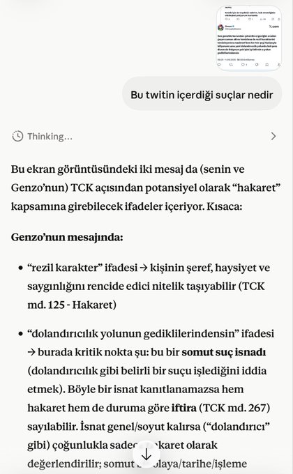 A screenshot in Turkish asking about crimes contained in a tweet, with an analysis of Genzo's tweet referencing potential offenses under TCK 125 (Insult) and TCK 267 (Defamation) including phrases like 'rezil karakter' and 'dolandırıcılık'.