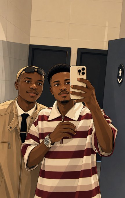 An illustrated selfie of two young men in a public restroom; one wears a beige trench coat with sunglasses on his head, while the other wears a maroon and white striped polo and holds an iPhone.