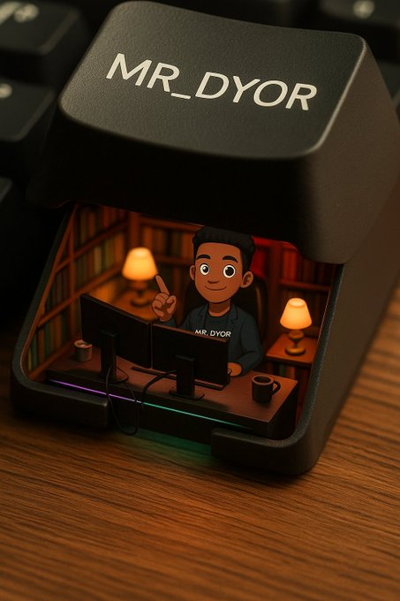 A 3D-rendered keycap labeled 'MR_DYOR' sitting on a keyboard, featuring a cartoon avatar of a person at a computer desk with a 'MR_DYOR' monitor.