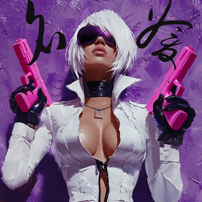 A stylized digital painting of a white-haired woman wearing dark sunglasses and a white jacket, holding two bright pink handguns against a textured purple background with black brushstroke text.