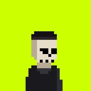 A pixel art rendering of a skeletal figure with dark eye sockets wearing a black hat and suit against a bright green background.