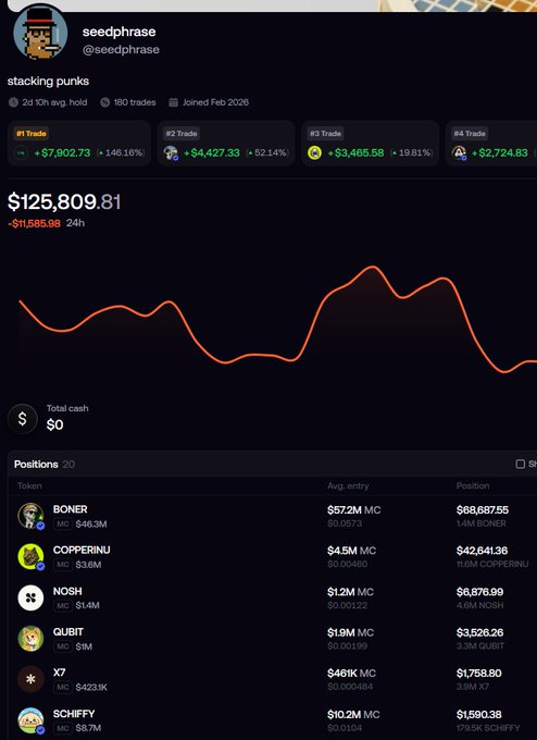 A screenshot of a cryptocurrency portfolio tracker for user "seedphrase" (@seedphrase) showing a portfolio value of $125,809.81 with 20 positions including BONER ($68,687.95), COPPERINU ($42,641.36), NOSH ($6,876.99), QUBIT ($3,626.26), X7 ($1,758.80), and SCHIFFY ($1,590.38).