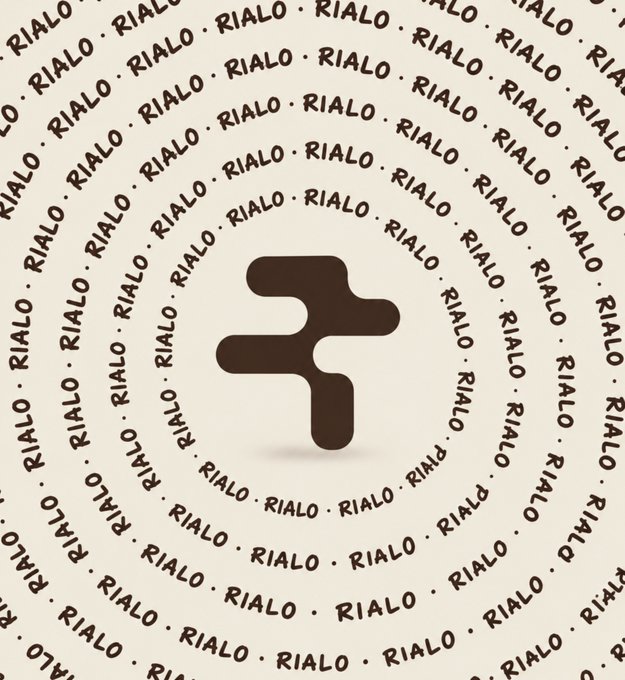 A logo design featuring a stylized brown 'F' symbol in the center, surrounded by a circular pattern of the word 'RIALO' repeated on a beige background.