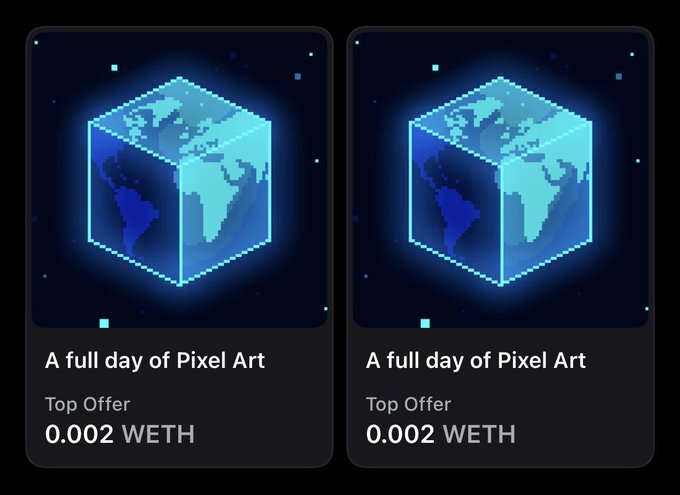 Two identical NFT listing cards display a glowing blue pixel-art globe with the text 'A full day of Pixel Art', 'Top Offer', and a price of '0.002 WETH'.