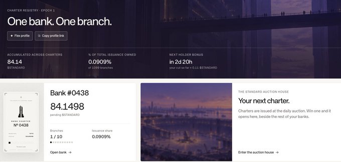 A Charter Registry dashboard for $STANDARD (Bank #0438) showing an accumulation score of 84.1498 with a 0.0909% issuance share of 1,098 branches, alongside the tagline "One bank. One branch." and a "Your next charter" auction prompt. The display reinforces the post's theme of ongoing accumulation, highlighting the bank holder's ranking and potential for charter expansion.