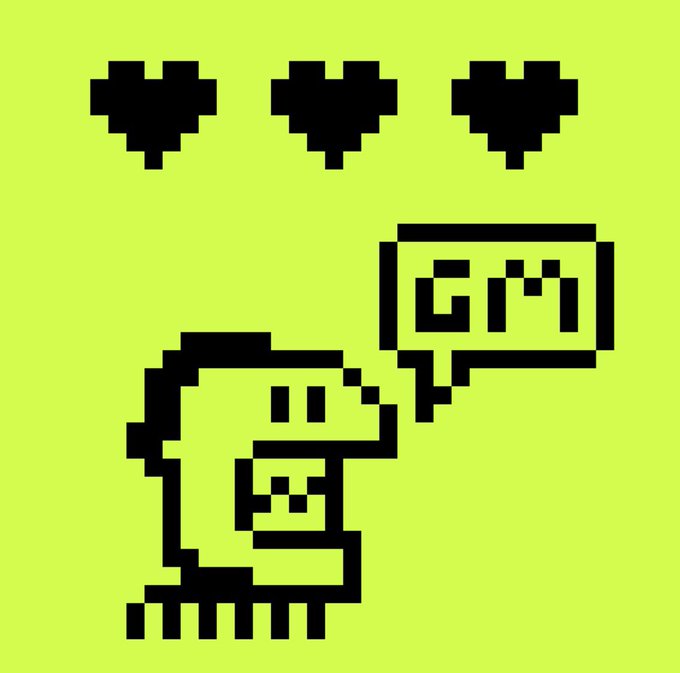 A pixel art illustration on a yellow-green background shows a skull-like figure receiving a 'GM' (good morning) message beneath three pixelated hearts.