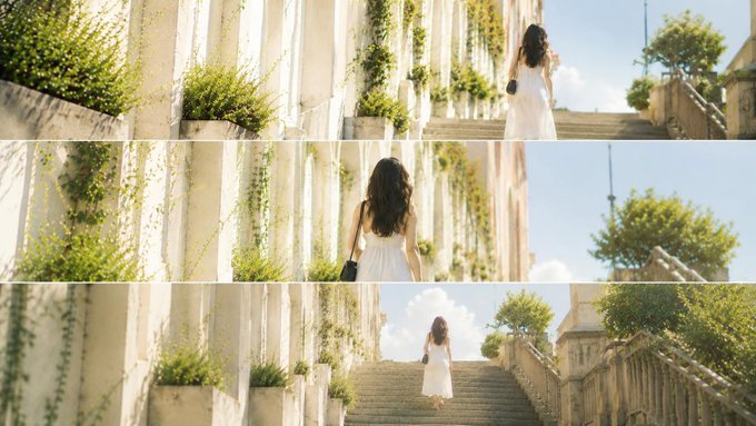 The image features a woman walking down stairs, wearing a white dress. The photo is composed of four different sections, each showing her at various stages of her walk up the stairs. In addition to the woman's presence, there are several potted plants in the background that add an element of greenery and life to the scene.