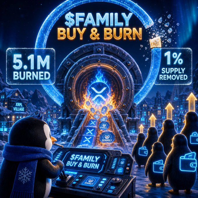 A crypto-themed promotional graphic titled '$FAMILY BUY & BURN' showing 5.1M burned, 1% supply removed, with penguins and XRP branding.