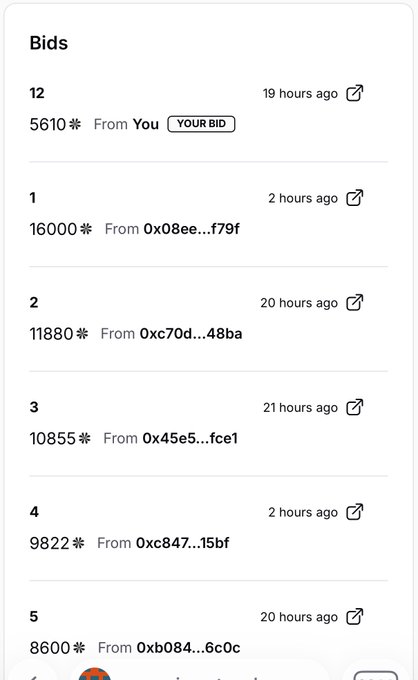 A bid history interface showing various cryptocurrency bids in descending order, with the user's bid of 5610 highlighted as 'YOUR BID' at the top and multiple anonymous wallet addresses (0x8ee...f79f, 0xc70d...48ba, etc.) placing larger bids below.