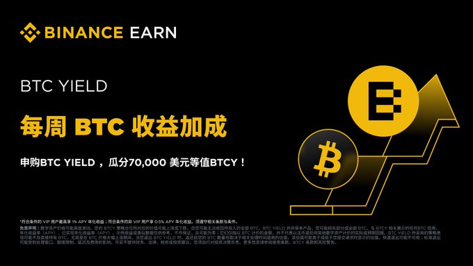 This Binance Earn graphic promotes "BTC YIELD" with the promise of sharing a "$70,000 USD equivalent BTCY" prize pool, featuring bonus APY rates for VIP and non-VIP users. The image visually represents increasing value with upward trending arrows and Bitcoin imagery, correlating with the advertised yield boosts and prize pool.