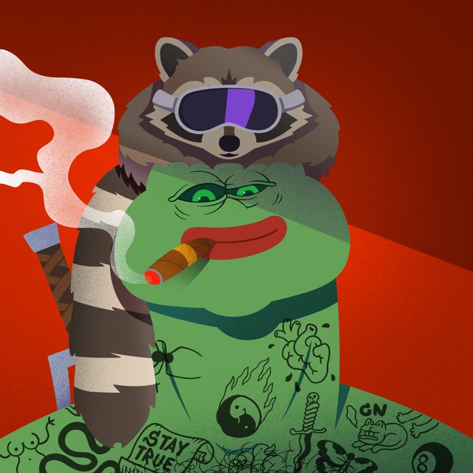 An illustration depicts Pepe the Frog smoking a cigar, with a raccoon wearing futuristic sunglasses riding on his back, against a bold red background featuring a yin-yang symbol and various tattoos.