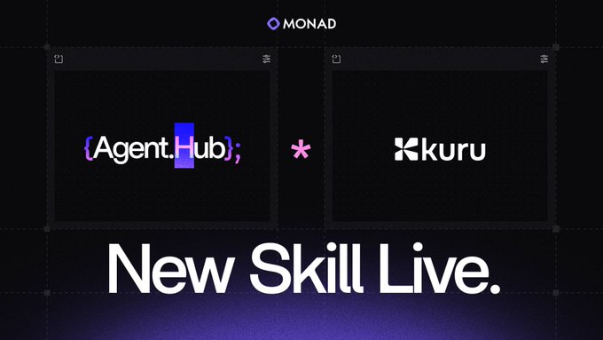 The image is a promotional graphic for Monad featuring the text "New Skill Live" and displaying logos for Agent Hub and Kuru. It visually announces Kuru's integration as a new skill within Monad's Agent Hub, aligning with the post's announcement that AI agents can now trade directly on Kuru's onchain orderbook.