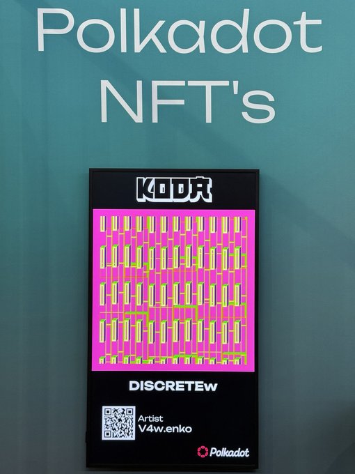 A promotional image titled "Polkadot NFT's" displays a digital artwork featuring a bright pink grid pattern with yellow and green lines, labeled "KODR" and "DISCRETEW" with the artist "V4w.enko" and a QR code.