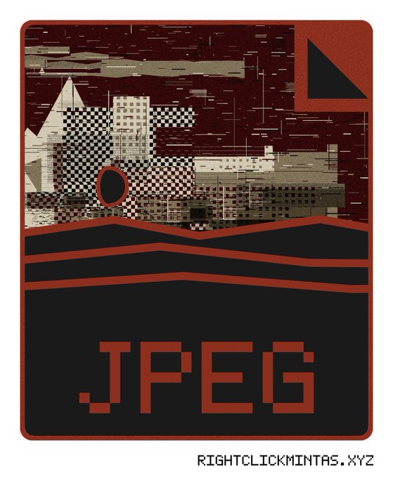 A retro-style glitch art graphic in dark red and black tones depicting a pixelated cityscape above bold text reading ".JPEG" with "RIGHTCLICKMINTAS.XYZ" at the bottom.