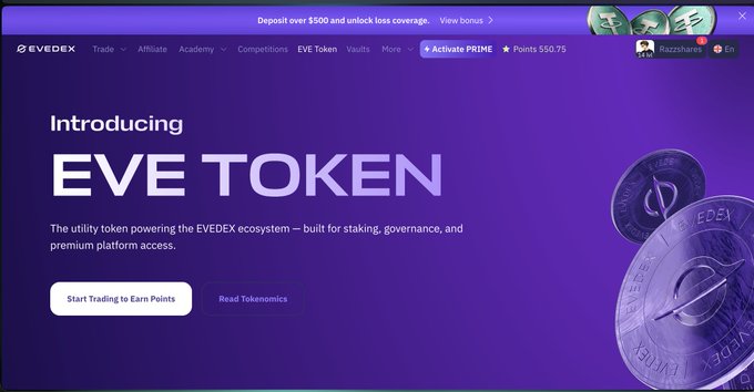 A screenshot of the EVEDEX website promoting 'EVE TOKEN', described as 'The utility token powering the EVEDEX ecosystem – built for staking, governance, and premium platform access.'
