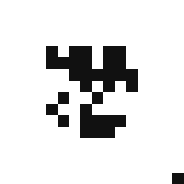A pixelated QR code-style design composed of black and white squares arranged in a blocky, abstract pattern, paired with a post about an $8 @Xmoney transaction that transformed into gamified digital art.
