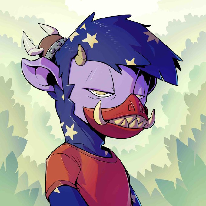 An anime-style illustration of a purple-skinned character with a star-patterned mask covering the lower half of their face, wearing a red shirt and featuring small horns.