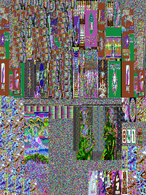 An abstract, chaotic digital image with colorful pixelated patterns, glitch effects, and distorted imagery resembling a corrupted or AI-generated texture.