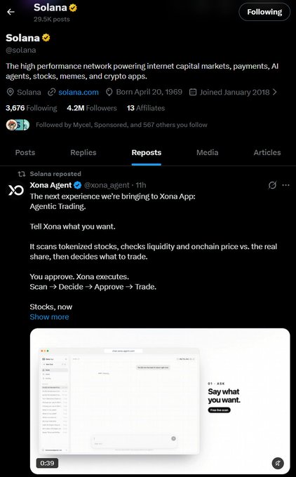 A screenshot of the official Solana Twitter/X profile showing a reposted tweet from "Xona Agent" about a new "Agentic Trading" experience for the Xona App that allows users to dictate trades.