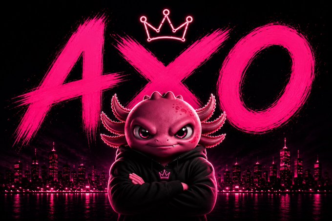 A fierce axolotl mascot wearing a hoodie stands with arms crossed beneath the bold neon pink "AXO" text and a glowing crown, set against a stylized magenta-lit city skyline. The image visually reinforces the post's message of AXO as a bold, crowned new movement in crypto, with the determined axolotl embodying the "early" and rebellious spirit of the launch.