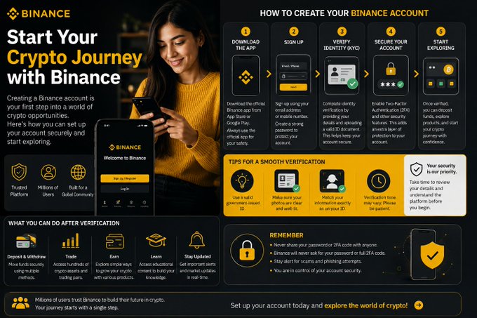 A Binance infographic titled "Start Your Crypto Journey with Binance" outlines a five-step account setup process—Download the App, Sign Up, Verify Identity (KYC), Secure Your Account, and Start Exploiting—alongside tips for smooth verification and post-verification activities like depositing, trading, earning, learning, and staying updated. The image visually complements the accompanying guide by illustrating each onboarding stage for new users, featuring a woman using the Binance app and key security reminders.