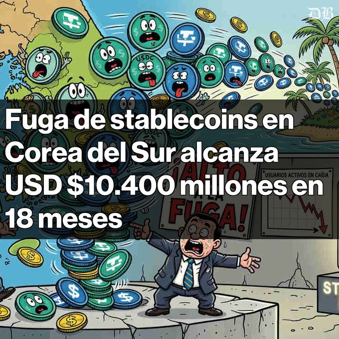A cartoon-style illustration shows panicked animated stablecoin coins (USDC, Tether) fleeing to a tropical island, while a distressed businessman in a suit gestures toward falling charts labeled "ALTO FUGA" (High Flight) and "USUARIOS ACTIVOS EN CAÍDA" (Active Users Falling). The overlaid Spanish headline reads "Fuga de stablecoins en Corea del Sur alcanza USD $10.400 millones en 18 meses," visually representing the $10.4 billion in stablecoins flowing out of South Korean exchanges to offshore platforms over 18 months.