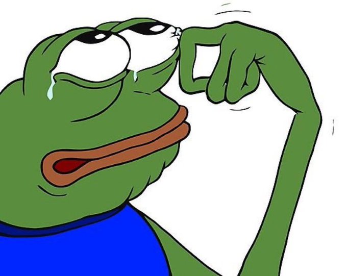 A close-up of the Pepe the Frog meme showing the character wiping a tear from his eye while flexing his arm muscle, illustrating the post's message of remaining emotionally detached and celebrating success from NFT profits.