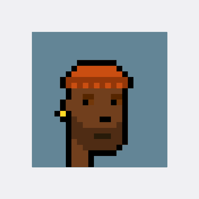A pixelated portrait of CryptoPunk #5322, depicting a brown-skinned character wearing an orange beanie and a yellow earring, displayed against a blue background in the iconic 8-bit style of the NFT collection.
