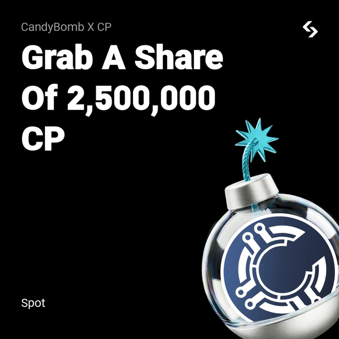 A promotional graphic with the text 'CandyBomb X CP' and 'Grab A Share Of 2,500,000 CP' featuring a bomb-shaped ornament with the Cluster Protocol logo.