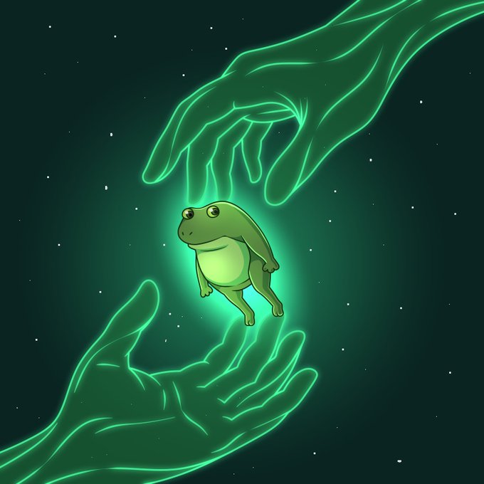 An illustration depicting a green frog glowing between two large, outlined green hands against a starry night sky.