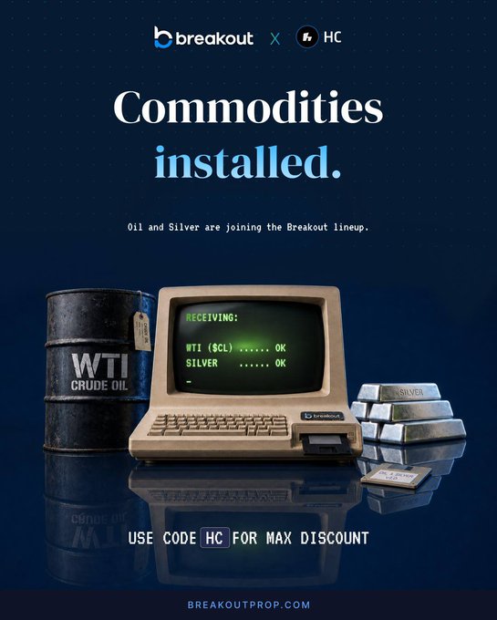 A Breakout proprietary trading firm promotional graphic featuring a retro computer monitor displaying successful receipt of "WTI ($CL)" crude oil and "SILVER" data, alongside a black "WTI CRUDE OIL" barrel and silver bars, with the headline "Commodities installed" and a discount code "HC" for maximum savings. The ad supports the post by visually confirming the firm's expansion from crypto into commodities like WTI crude oil and silver, while highlighting the exclusive "HC" promo code for new traders.