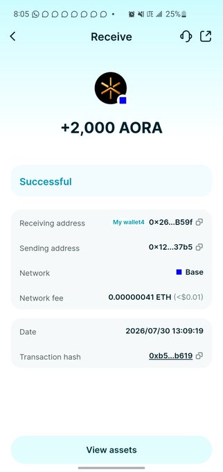 A mobile app screenshot showing a successful crypto transaction receipt for '+2,000 AORA' tokens, with details including the receiving address, sending address, Base network, a network fee of 0.00000041 ETH, dated 2026/07/30 13:09:19.