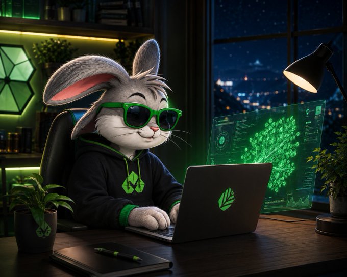 An AI-generated illustration depicts an anthropomorphic rabbit wearing green sunglasses and a black hoodie, typing on a laptop with a glowing green logo. The rabbit is in a dark room with a window showing a city at night, and a holographic display shows a tree-like digital structure.