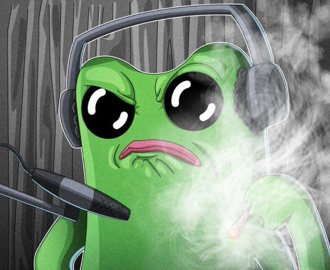 A cartoon green alien wearing headphones looks angrily at a microphone while exhaling smoke.