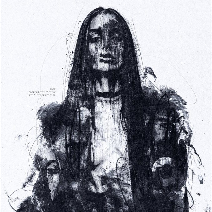 A dark, expressive charcoal-style portrait of a woman with long dark hair, a nose ring, and partially obscured Hebrew text visible on the left side of the artwork.