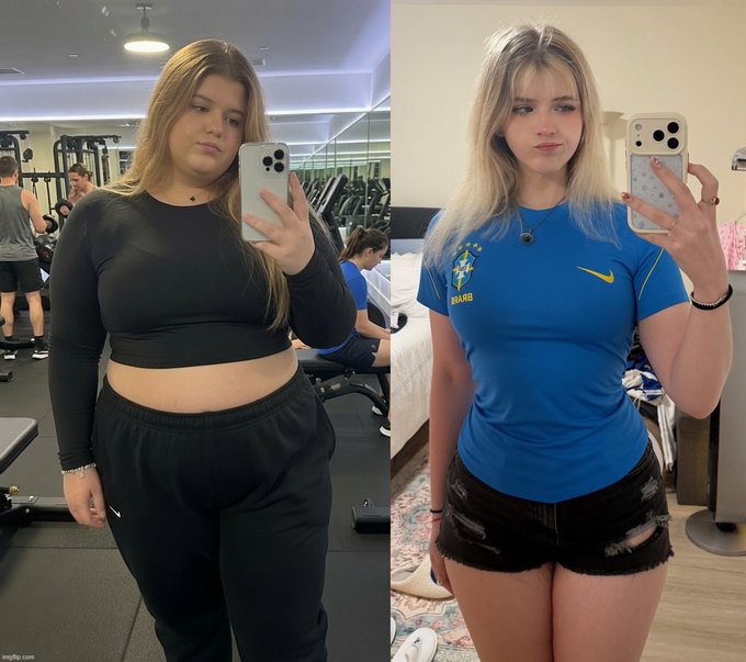 A side-by-side comparison showing a woman's physical transformation, with the left image depicting her before in a black workout outfit at the gym, and the right image showing her slimmer physique in a blue Brazil soccer jersey and denim shorts, mirroring the dramatic transformation the post implies between Bitcoin's 2021 and 2026 milestones.