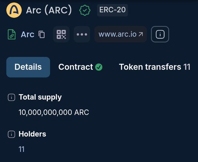 Cryptocurrency tracking page showing Arc (ARC) token with ERC-20 standard, total supply of 10,000,000,000 ARC, 11 holders, and 11 token transfers.
