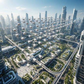 Futuristic aerial rendering of a sprawling smart city with skyscrapers, elevated transport, and green parks under a bright sky.
