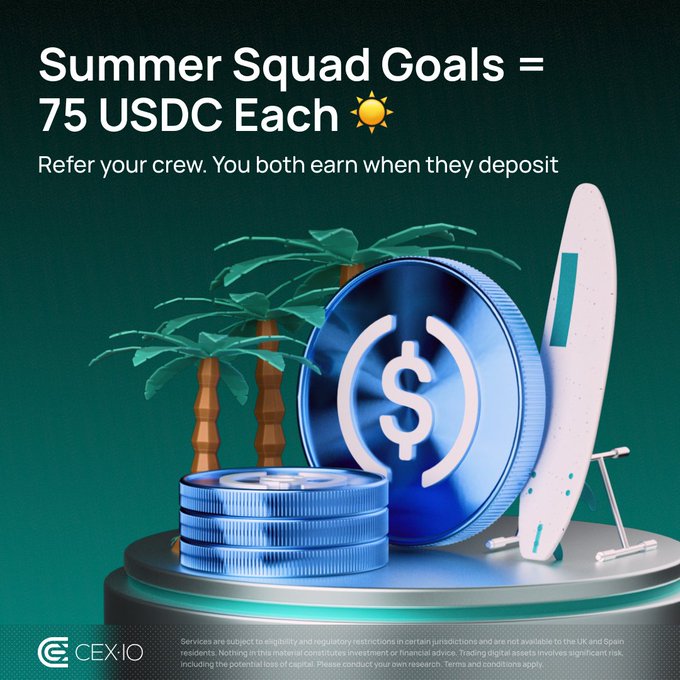 The image is a CEX.IO promotional graphic featuring the text "Summer Squad Goals = 75 USDC Each ☀️" and "Refer your crew. You both earn when they deposit," alongside 3D renderings of a USDC coin, a surfboard, and palm trees on a dark green background. It visually supports the accompanying post's referral campaign, where users can earn up to 75 USDC by inviting friends to join CEX.IO before July 30.