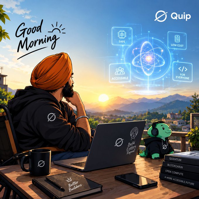 An illustrated 'Good Morning' scene showing a man in a turban working on a laptop at sunset, with floating icons labeled 'SAFE', 'LOW COST', 'ACCESSIBLE', 'FOR EVERYONE' and the 'Quip' logo in the corner.