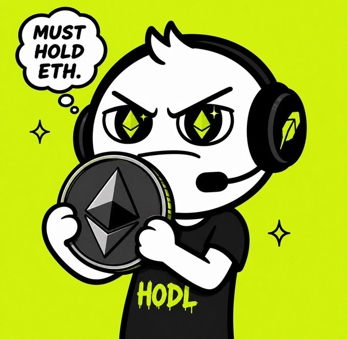 A cartoon mascot character wearing a headset and a 'HODL' shirt holding an Ethereum coin, with a thought bubble reading 'MUST HOLD ETH.' against a green background.