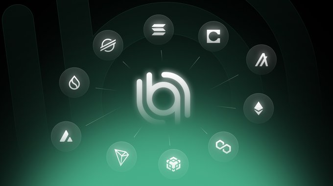 The image features a logo that includes various symbols, such as a globe, a clock, and different types of currency icons like a Bitcoin symbol, Ether symbol, and a Rubik's cube. The background color of the image is green with white lines, creating an abstract pattern. The text in the image reads: "Solana, Stellar, Tron, Sui, Algorand. Each of these networks processes millions of transactions and holds billions in assets. Most bridges ignore non-EVM architectures or require complex workarounds. Allbridge Core connects them with the EVM ecosystem natively: one transaction."
