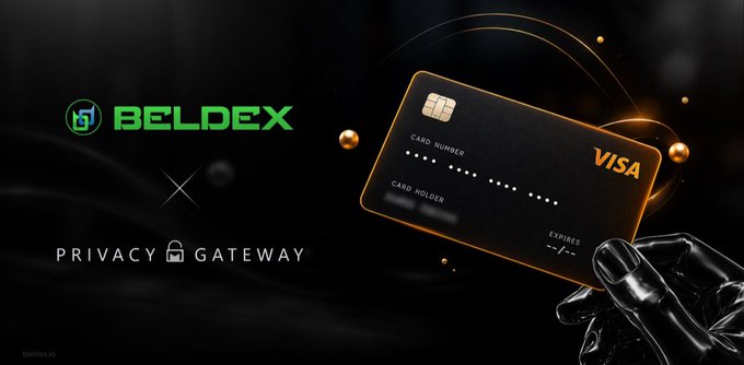 A promotional graphic displays a metallic gold Visa card held by a robotic hand alongside the green 'BELDEX' logo and 'PRIVACY GATEWAY' text with a padlock icon.