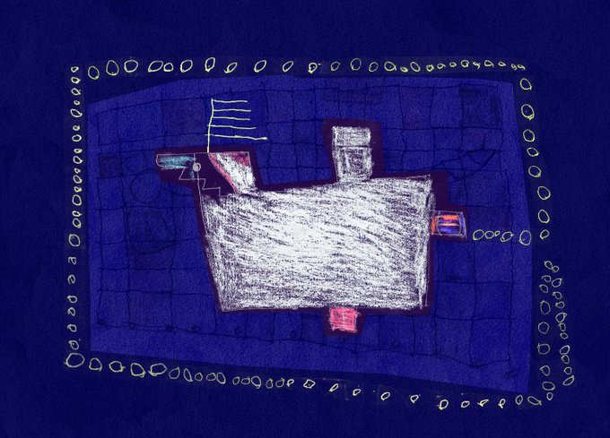 A dark blue children's-style drawing featuring a scribbled white rectangular figure with a black head, small red and pink details, and a wavy line above, framed by a border of hand-drawn circles on the blue background.