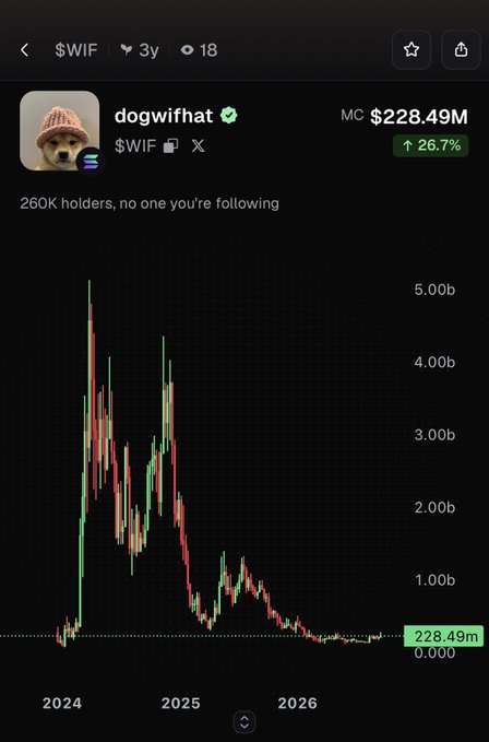 A 3-year price chart for the $WIF (dogwifhat) memecoin shows a peak market cap near $5.00b in early 2024 before declining to a current MC of $228.49M (up 26.7%), illustrating the post's nostalgic reminder of the token's massive early highs and a call to "dream bigger."