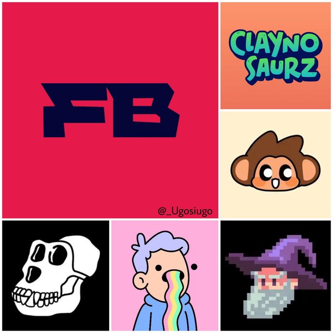A collage of cartoon graphics including a 'FB' logo on pink, 'CLAYNO SAURZ' text on orange, a monkey face, a skull, a character vomiting a rainbow, and a pixel art wizard, credited to '@_Ugosiugo'.
