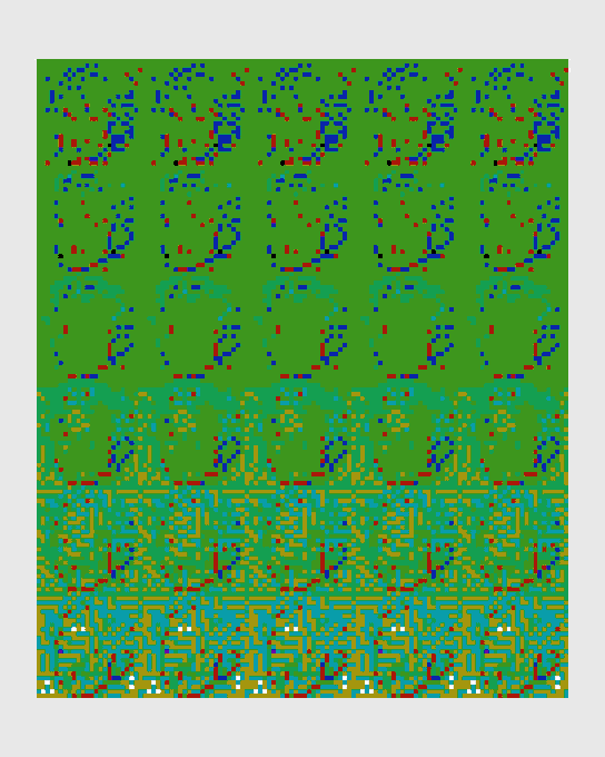 A pixel art graphic featuring repeating patterns of green and teal with small red and blue accents, displaying stylized character designs and circuit-like board patterns.